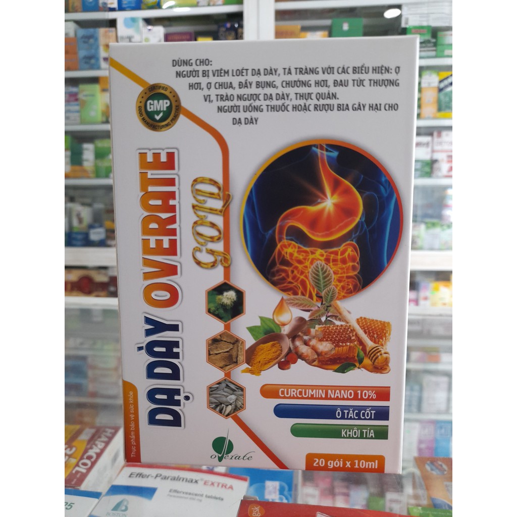 Dạ dày Overate Gold- Mật ong, nghệ, Curcumin nano giúp bảo vệ niêm mạc dạ dày, Giảm trào ngược dạ dày - Hộp 20 gói