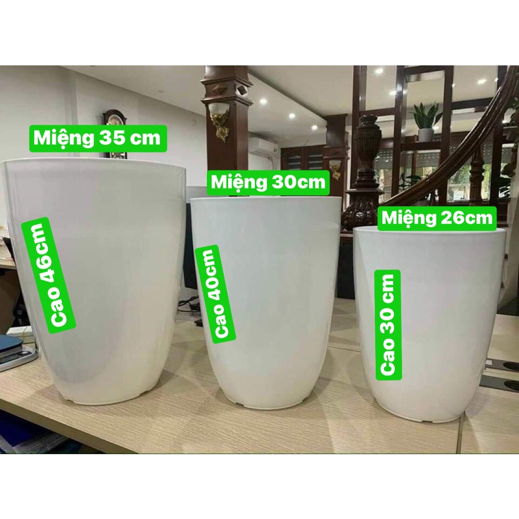 Chậu nhựa bom trơn giả sứ cao cấp_Chậu bầu dáng cao lòng sâu ( màu trắng)