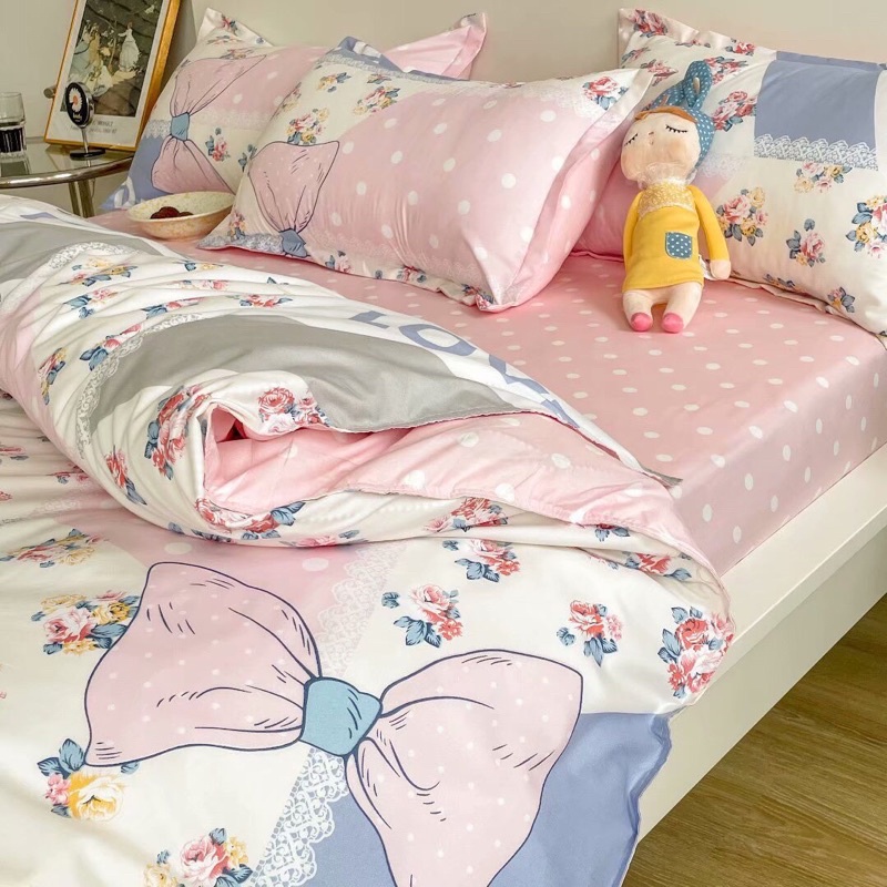 Bộ chăn ga gối cotton poly - Mẫu hoa nơ xanh.