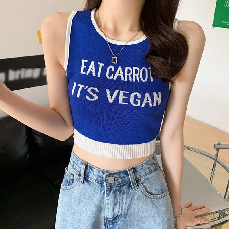 Brroa Áo Crop Top Dệt Kim Không Tay In Chữ Phối Màu Tương Phản Thời Trang Mùa Hè Cho Nữ
