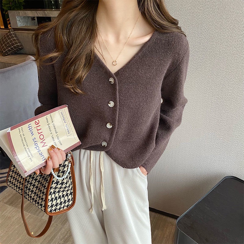 Áo Khoác cardigan Dệt Kim Dáng Rộng Cổ Chữ v Thiết Kế Mới Thời Trang Theo Phong Cách Hàn Quốc Cho Nữ