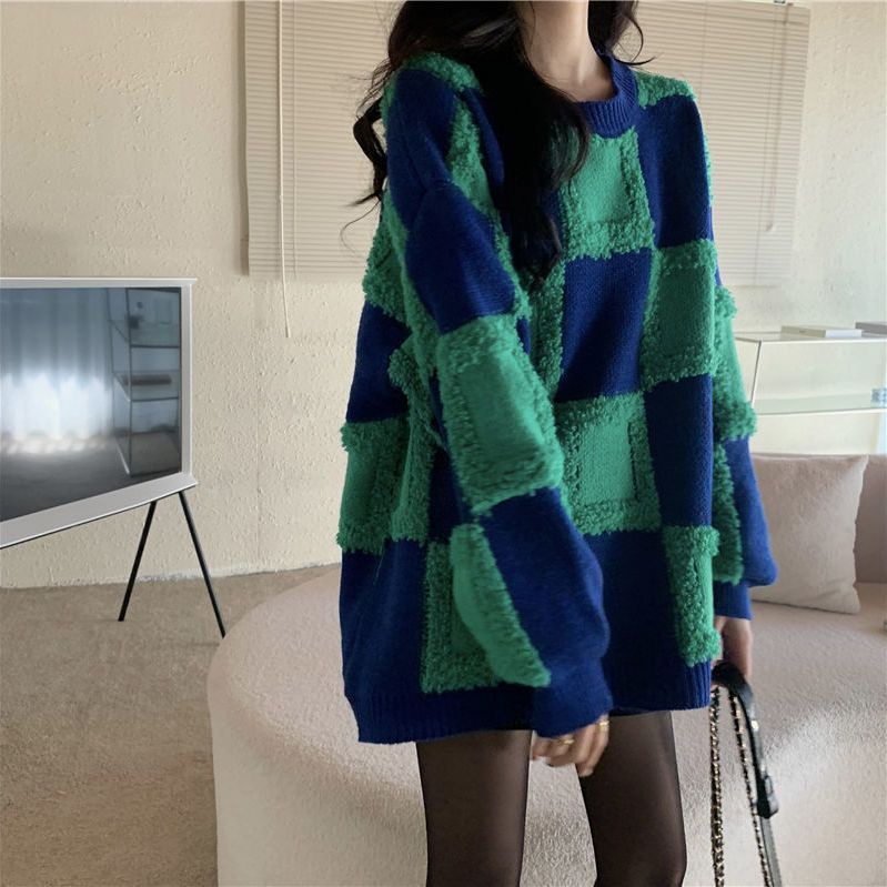 Áo Khoác Len Họa Tiết Ca Rô Phong Cách Hàn Quốc Thời Trang Dành Cho Nữ