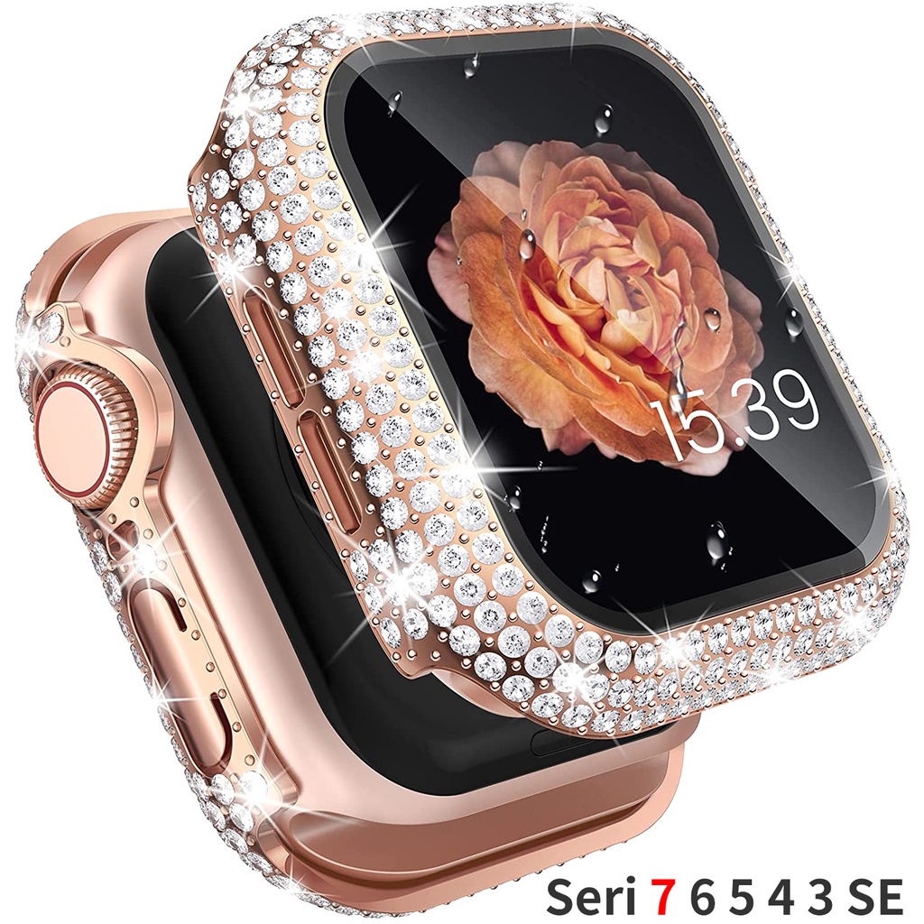 Ốp Đồng Hồ Kính Cường Lực Đính Đá Cho Apple Watch 41mm 45mm 38/40/42/44 Series 7 6 SE 5 4 3 2