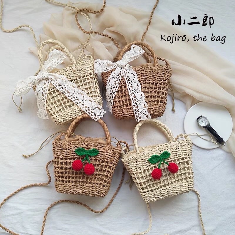 Túi cói đan thưa Cherry, nơ xinh xắn cho bé gái đi chơi Tết cực xinh - TC011