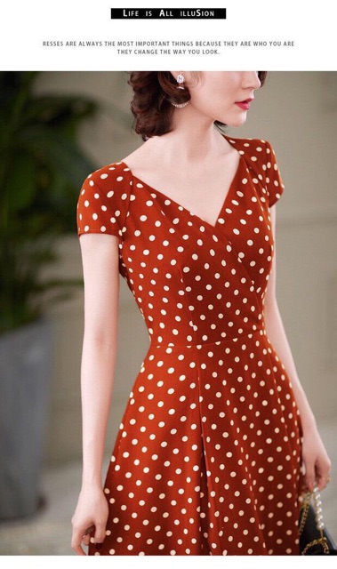 Đầm xoè công sở lụa chấm bi cổ V TRIPBLE T DRESS -size M/L/XL (kèm ảnh/video thật) MS3MT
