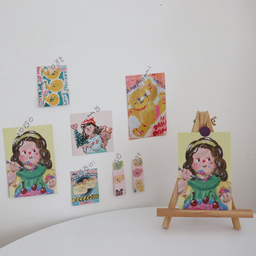 Set 7 card hình họa tiết tranh sơn dầu vẽ bé gái dễ thương dùng trang trí phòng