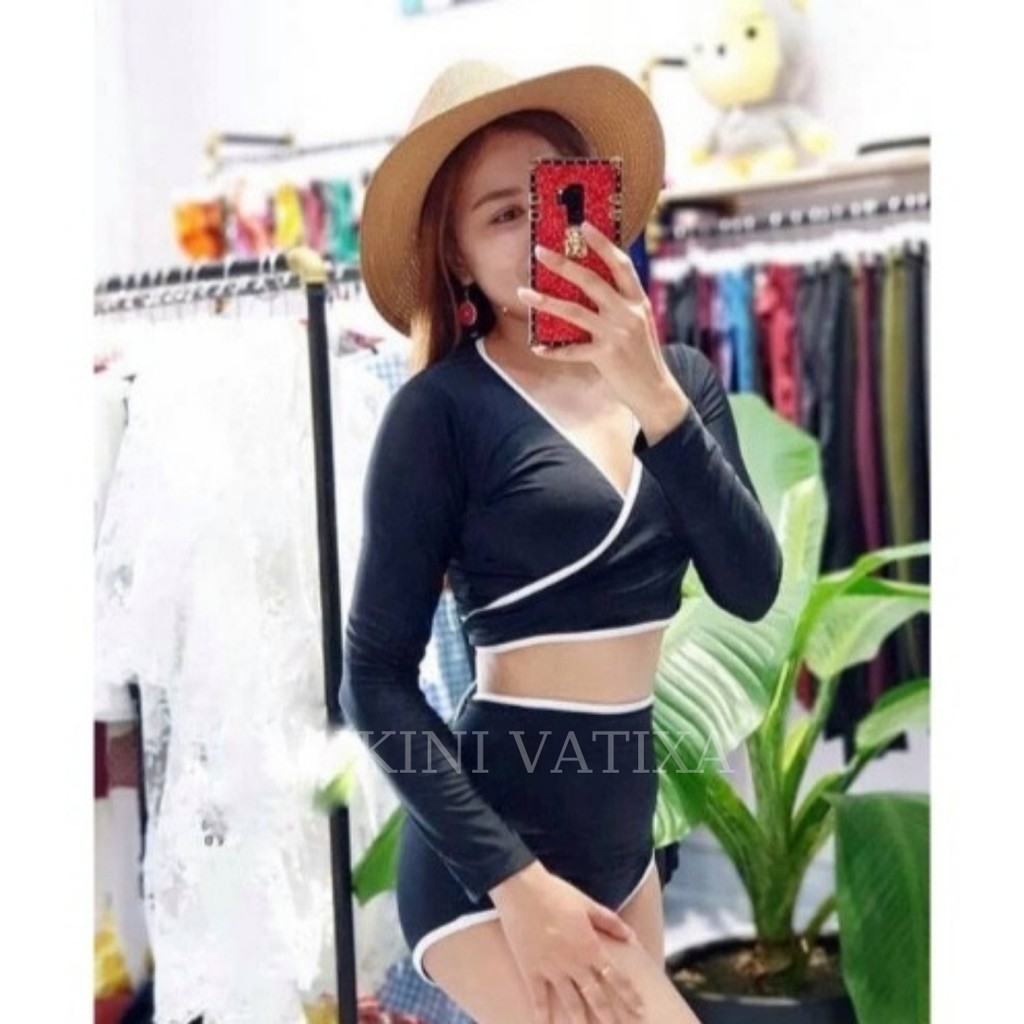 Bikini đồ bơi tay dài đắp chéo quần cạp cao viền trắng cột dây ngực sành điệu VATIXA BKN04