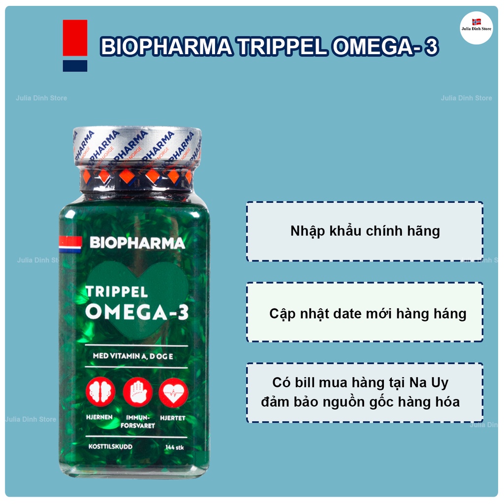 [Mẫu mới đủ Bill] Dầu cá viên nang Omega3 Biopharma Trippel Na Uy hộp 144 viên