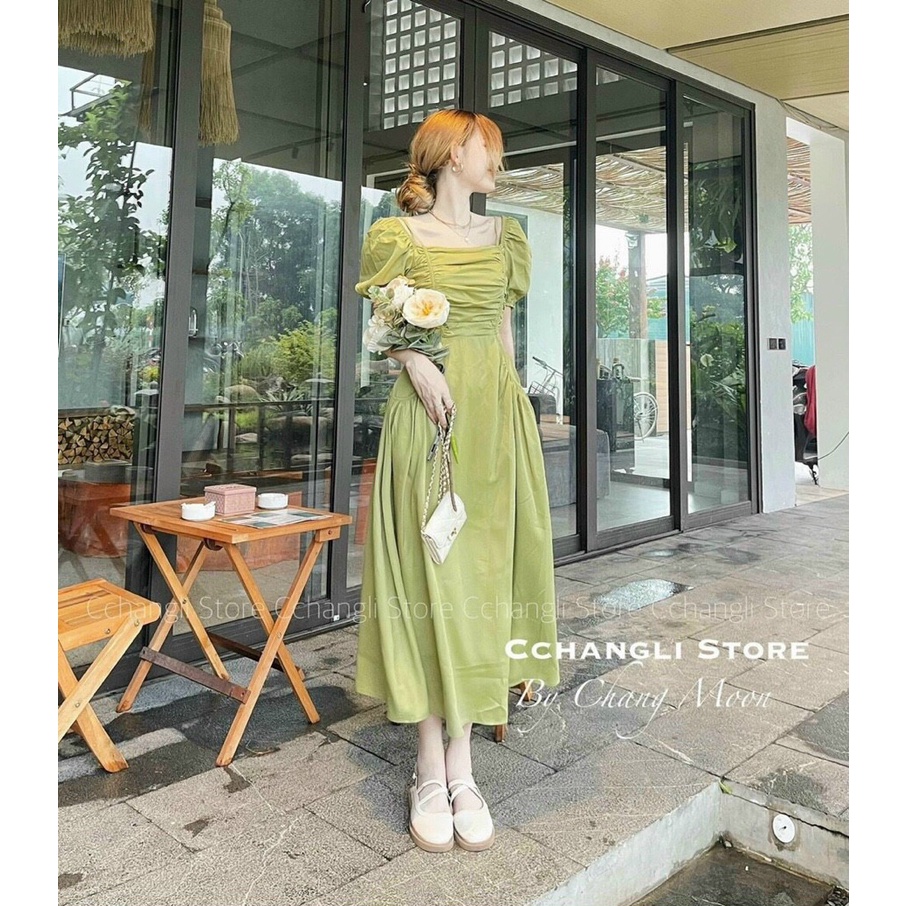 Váy đầm dự tiệc sang chảnh tiểu thư dáng dài tay lỡ, váy đầm công sở cổ vuông dáng dài màu xanh cốm Linhnastore