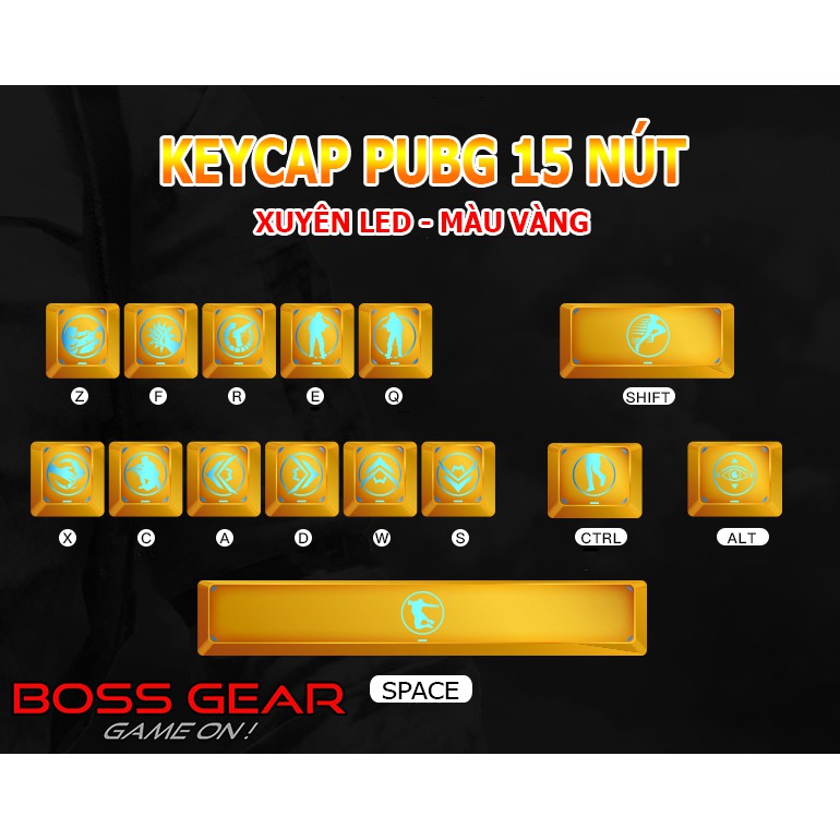 Bộ Keycap PUBG 15 nút màu vàng ( Xuyên LED,chuẩn OEM ,High Profile )