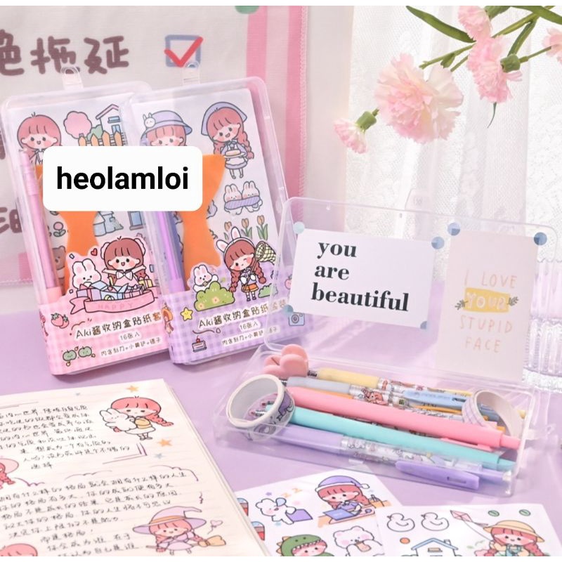 HỘP NHỰA 10 TỜ STICKER LỚN KÈM BÚT DAO CẮT STICKER CHUYÊN DỤNG VÀ 1 CÂY MIẾT STICKER, 2 CUỘN WASHITAPE  MÃ SZ45-05