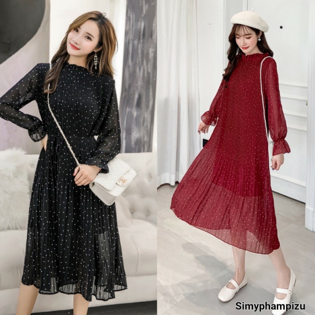 Váy Bầu Thu Đông dài tay thiết kế công sở cao cấp với họa tiết chấm bi xinh xắn dễ thương VD354