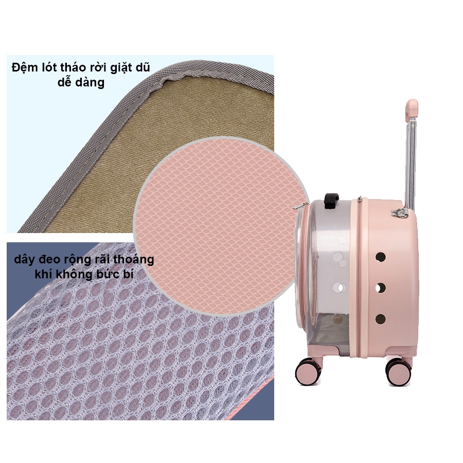 Vali vận chuyển chó mèo Hipipet balo vận chuyển mèo trong suốt thoáng khí có bánh di chuyển tiện lợi