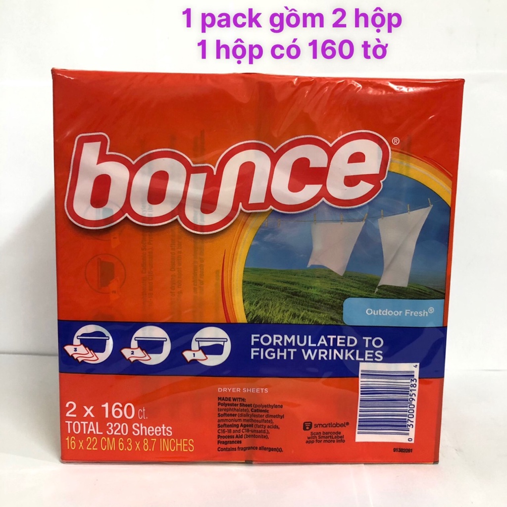 ❤️  [Quận 3] Giấy thơm Bounce Mỹ 160 tờ - Giấy thơm xả mềm vải Bounce Outdoor fresh, chống nhăn, chống dính