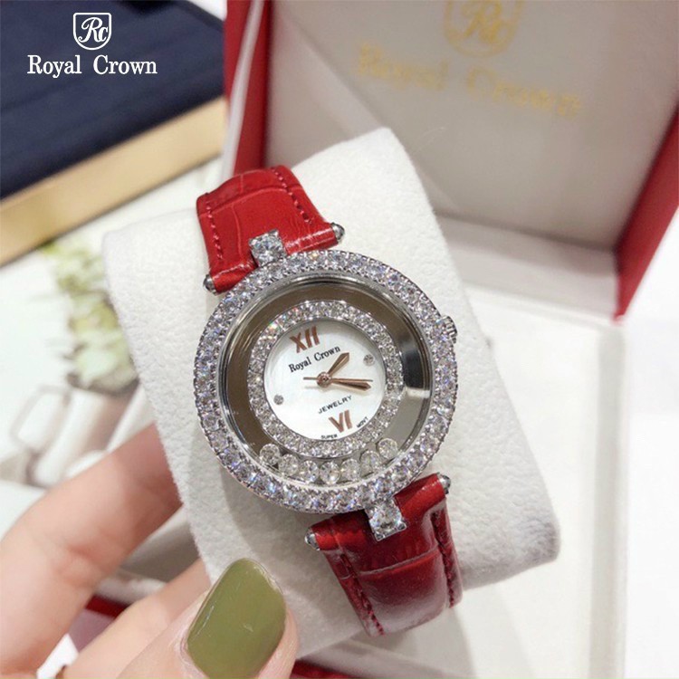 Đồng hồ đeo tay nữ, đồng hồ nữ dây da ROYAL CROWN mặt tròn đính kim cương nhân tạo cao cấp, siêu sang, giá cực rẻ