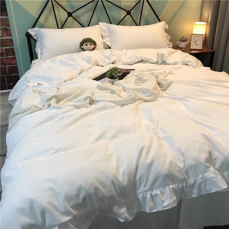 Bộ Chăn Ga Gối Cotton Tici Bèo Zem Màu Trắng