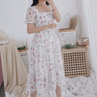Đầm váy hoa nhí cổ vuông