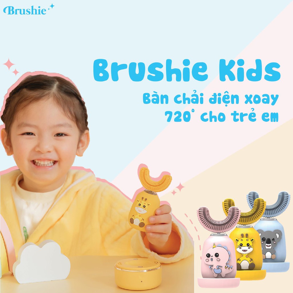 Brushie Kids - Bàn Chải Điện Trẻ em, Chống nước, Chữ U Sonic 720, tốt cho Răng nhạy cảm