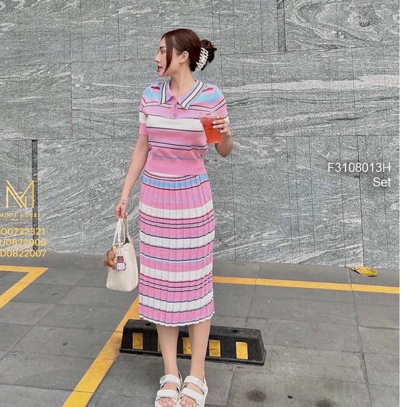 Set len sọc phối màu áo cổ bẻ tay ngắn+ chân váy dáng dài!