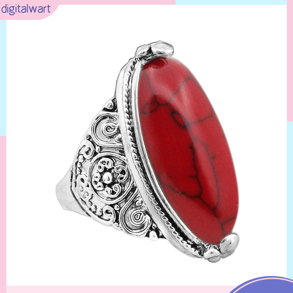 Nhẫn Mạ Bạc Chạm Khắc Đính Đá Ngọc Lam Hình Oval Phong Cách Boho Cổ Điển