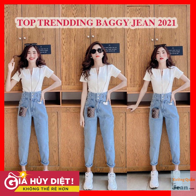 Quần Jean Baggy Nữ Cạp Cao 2 Nút Màu Xanh Nhạt - 411