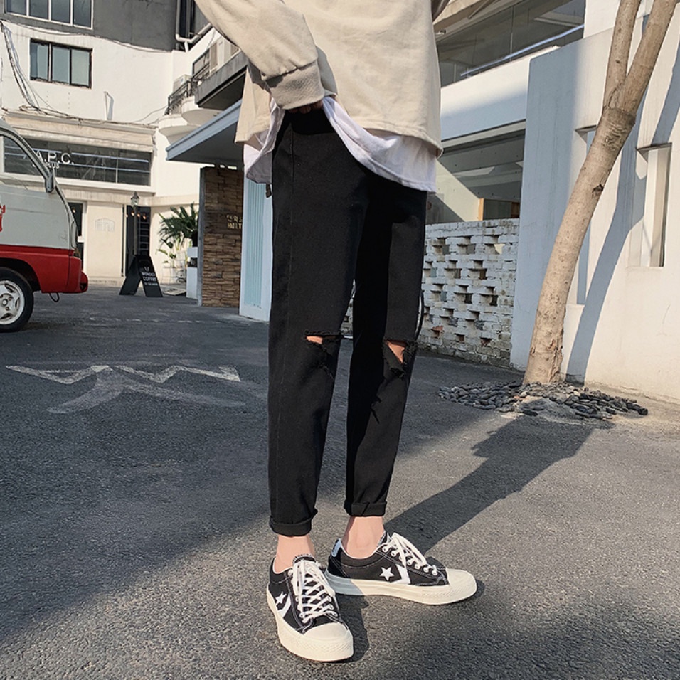 [HOTTREND 202][J04] Quần Jean Nam Rách Gối Màu Đen Vải Co Giãn, Không Phai Màu Dáng Skinny Phong Cách Hàn Quốc | BigBuy360 - bigbuy360.vn
