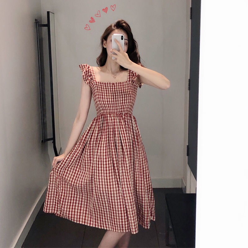 Hlvwei Đầm Voan Cổ Vuông Xếp Ly Sọc Caro Khoét Lỗ Có Khóa Kéo Thời Trang Cho Nữ
