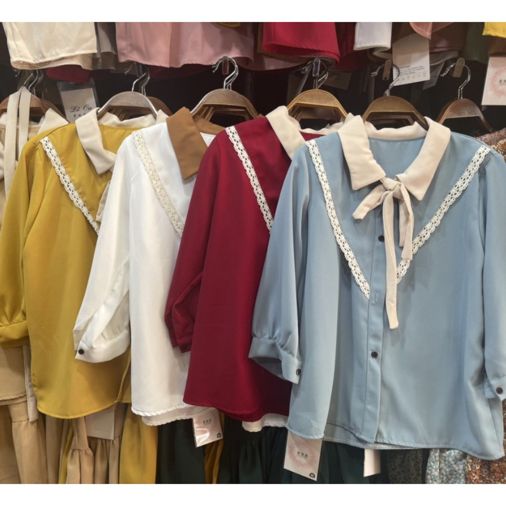freeship Áo sơ mi nữ kiểu cổ vuông tay lỡ bán sỉ