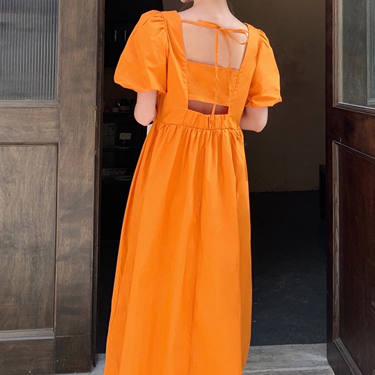 Đầm midi SUXI cổ vuông tay ngắn phồng hở lưng thời trang mùa hè dành cho nữ