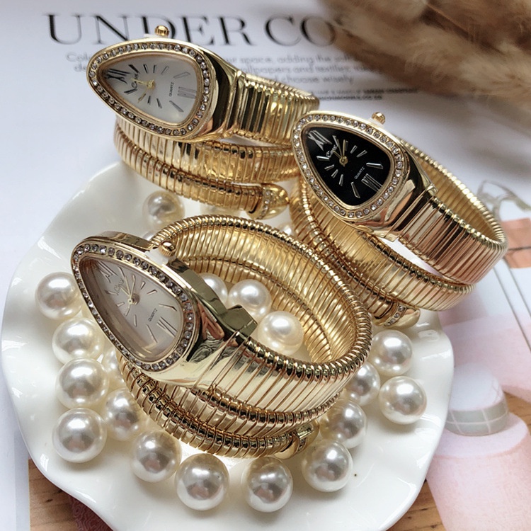 Đồng Hồ Đeo Tay Thời Trang Bằng Thép Không Gỉ Hình Đầu Rắn Đính Kim Cương Giả Cá Tính Dành Cho Nữ