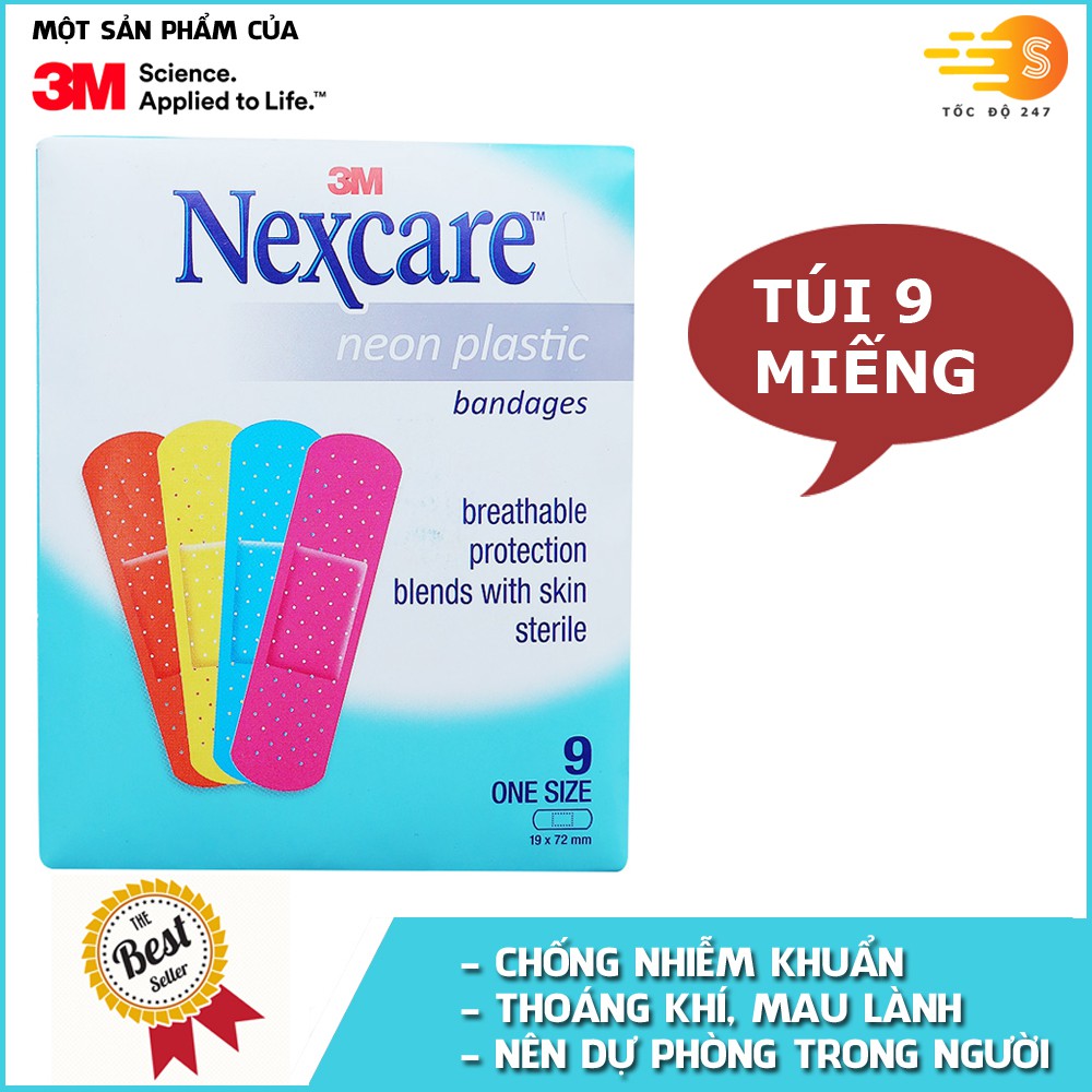 Túi 9 miếng băng keo cá nhân màu neon Nexcare 3M BKCN-NE