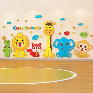 Decal dán tường mica cute animal trang trí phòng học, trường mầm non, khu vui chơi cho bé