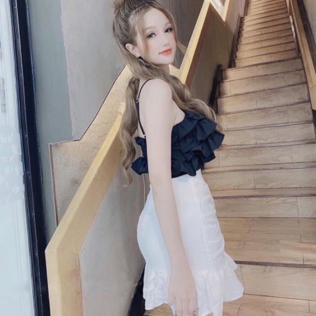 Áo croptop 2 dây hở lưng, Áo 2 dây croptop bèo tầng màu trắng đen