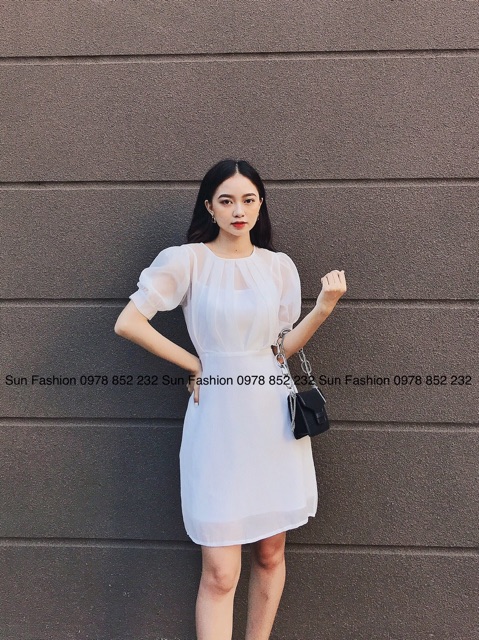 Đầm trắng tinh khôi Sun Fashion dáng chữ A 2 lớp,dự tiệc, prom,kỉ yếu