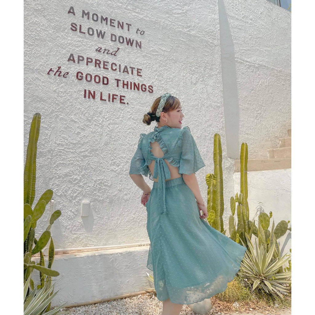 ĐẦM BI REN NỔI CỘT NƠ LƯNG XANH - VÀNG | BigBuy360 - bigbuy360.vn