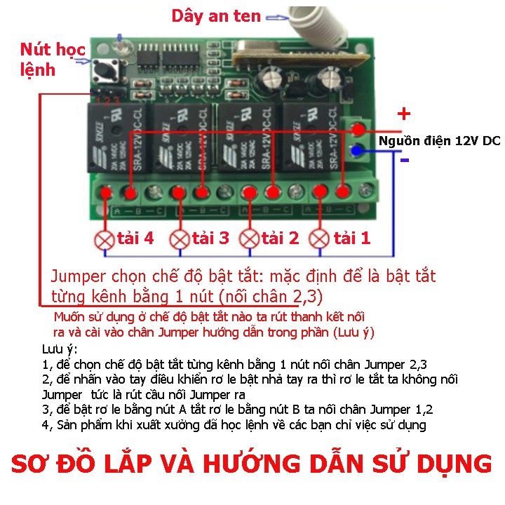 Công tắc điều khiển từ xa  12V DC 4 cổng  điều khiển 4 thiết bị độc lập