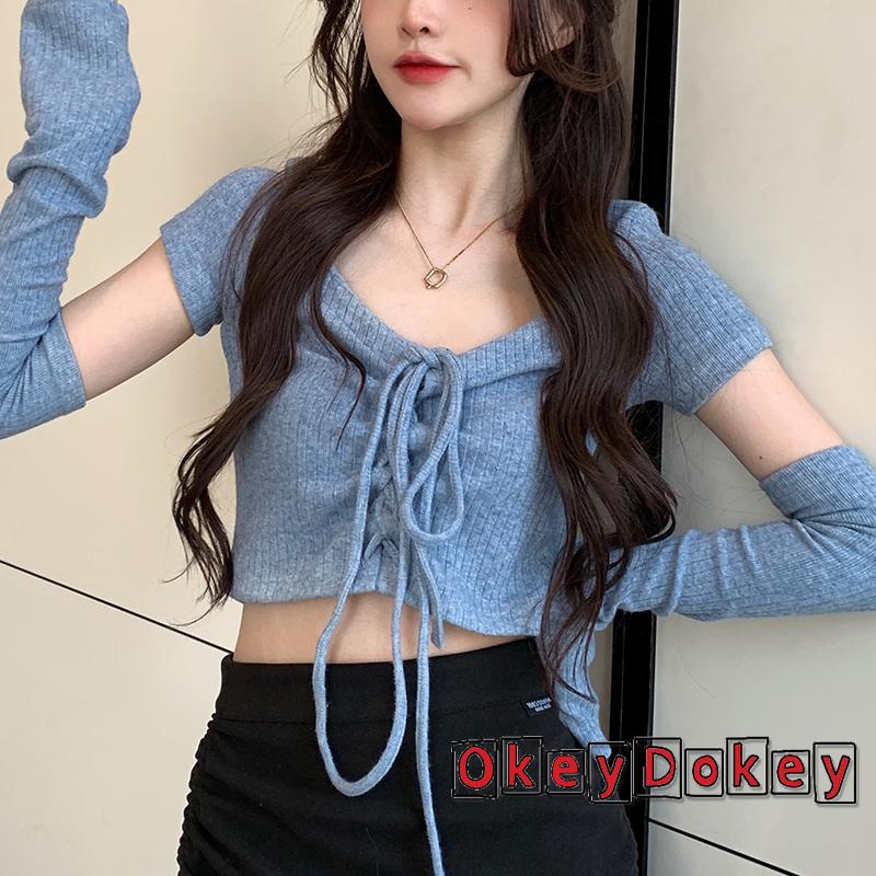 Set Áo Croptop Ngắn Tay Cổ Chữ V + Áo Kiểu Dây Rút Phía Trước Thời Trang Cho Nữ