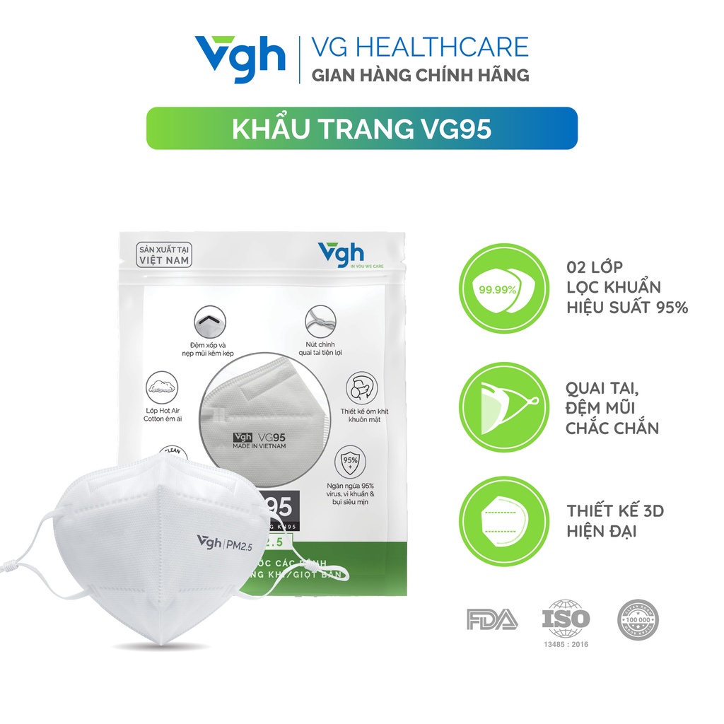 Khẩu trang VG95 thiết kế 3D tiêu chuẩn KN95 kháng khuẩn, nút chỉnh quai tai - Chính hãng VG Healthcare - Đóng túi 1:1