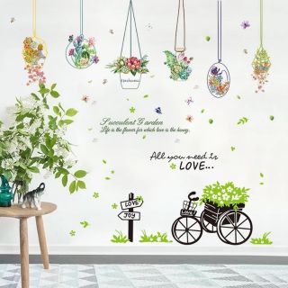 Decal dán tường giỏ hoa thủy tinh và xe hoa xanh