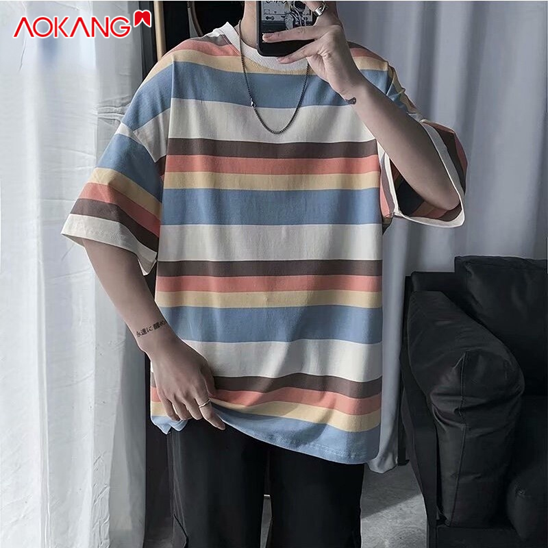 Áo thun AOKANG tay ngắn dáng rộng họa tiết kẻ sọc cầu vồng phong cách Hong Kong thời trang mùa hè dành cho cặp đôi