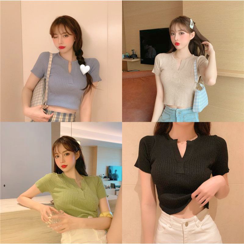 Áo Croptop Ulazzang Xẻ Cổ Chất Gân Đũa Xịn LaCa, Áo Kiểu Cổ V Nữ