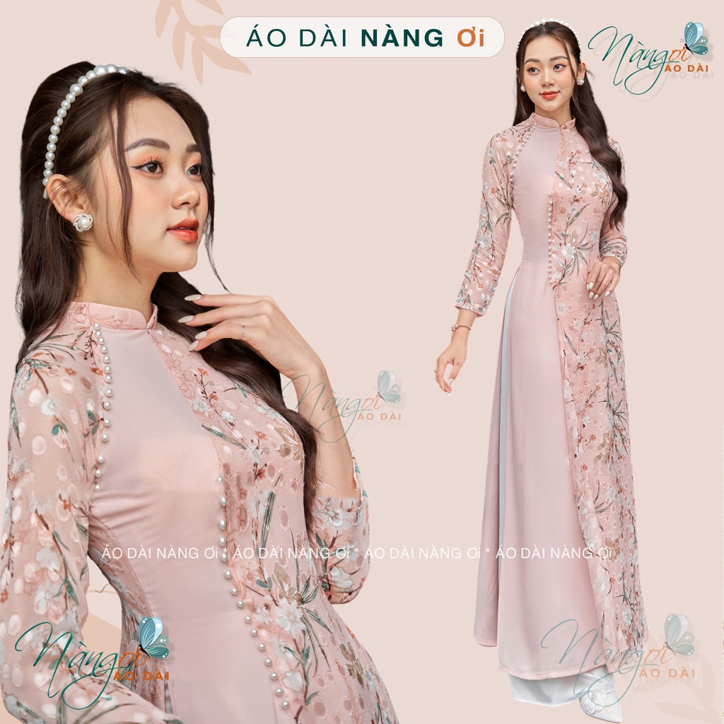 Áo Dài Hoa Nhí May Sẵn 4 Tà Truyền Thống Lụa Tơ Hoa Da Hồng Đẹp