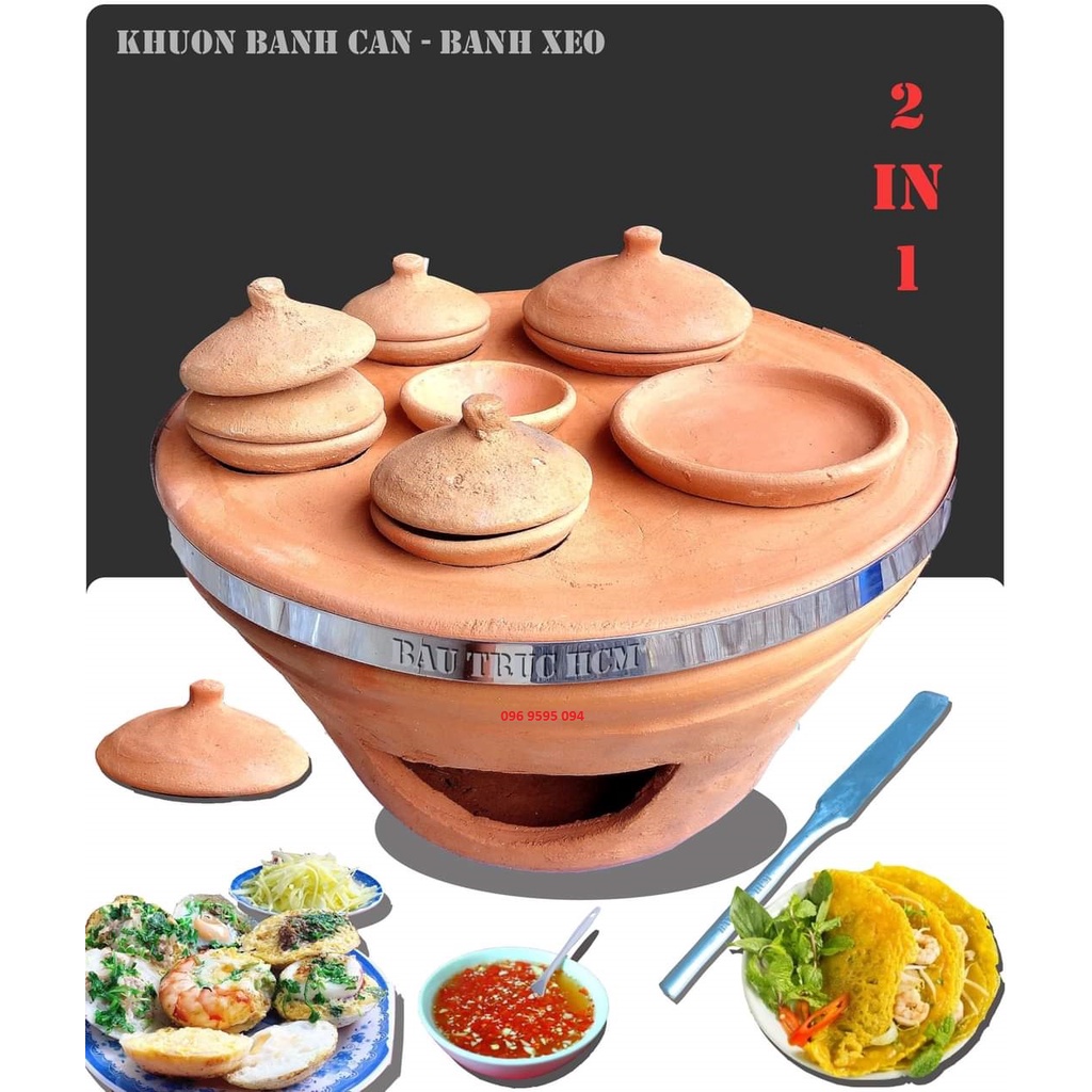 Lò bánh căn bánh xèo bằng đất nung, gốm Bàu Trúc, 2in1 - TẶNG 1 CÂY CẠY CHUYÊN DỤNG