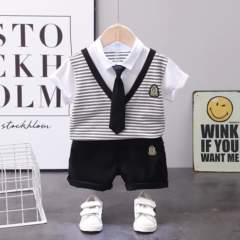 Đồ bộ bé trai, Set áo Polo thun cotton ngắn tay kẻ ngang cổ tim và quần đùi cạp chun cho bé từ 7 - 18 kg, SUN KID'S