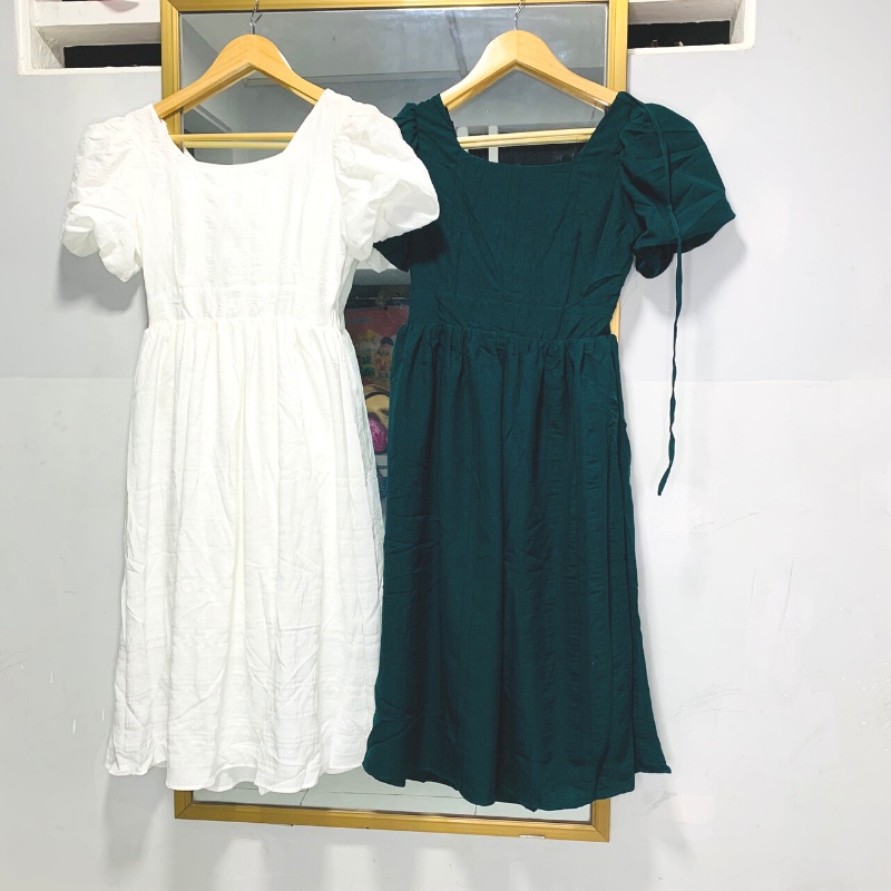 Váy nữ cổ vuông tay bồng hở lưng eo chun, đầm nữ đẹp dáng xòe