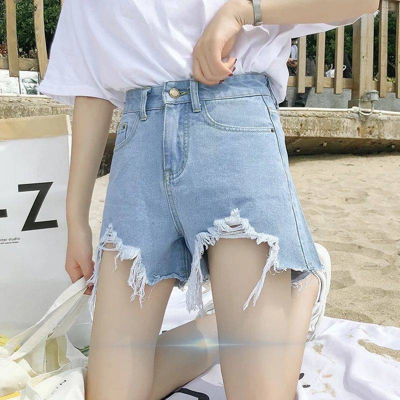 Quần đùi Denim lưng cao phong cách Hàn Quốc