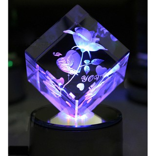 Đèn ngủ pha lê hoa hồng lập phương I Love You