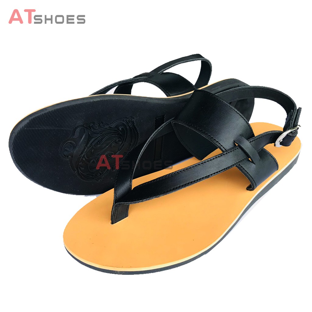 Sandal Unisex Da Bò Thật Không Thấm Nước Kiểu Dáng Thời Trang Atshoes ATXN51 (Đen-Đen Đế Vàng)