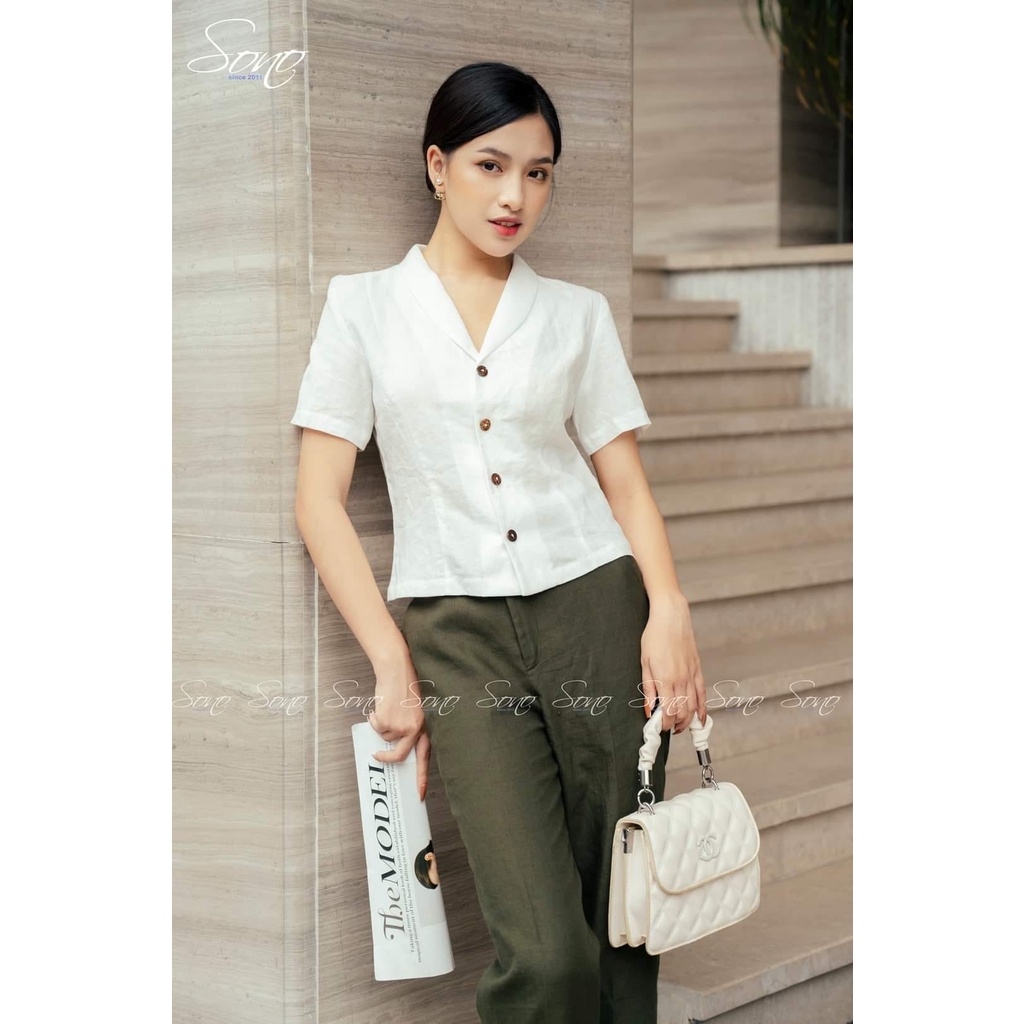 Sono - Áo Sơ Mi Crop Top Cố Vest Cộc Tay Chất Liệu Linen Cao Cấp