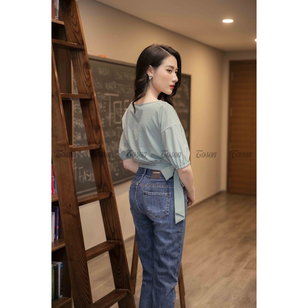 Áo sơ mi kẻ ô tay liền bo gấu, thêu hoa trang trí - TOSON - 14055K51